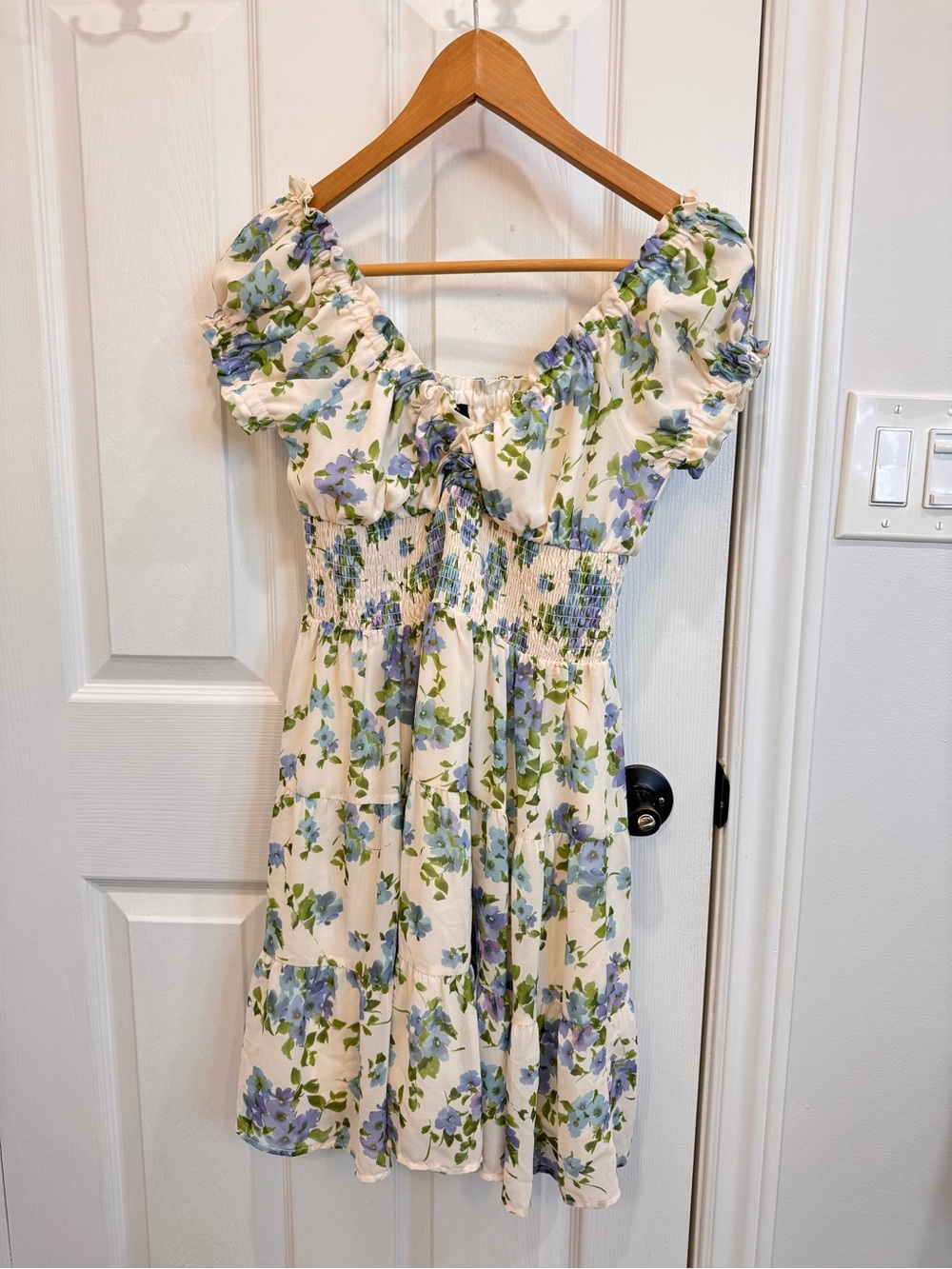 Dynamite Floral Puff-Sleeve Smocked Midi Dress - Blue & Green on Cream